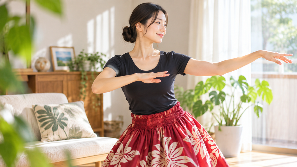 朝のイライラを切り替えるため自宅でフラを踊る女性