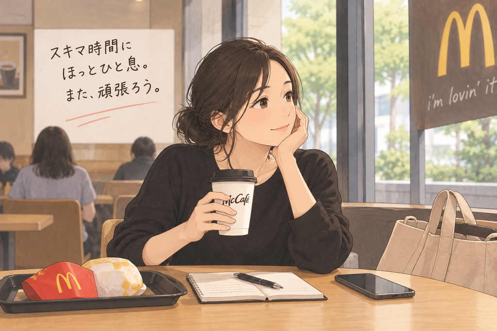 仕事のスキマ時間にマックでほっと一息つき、気持ちを切り替える女性のイラスト