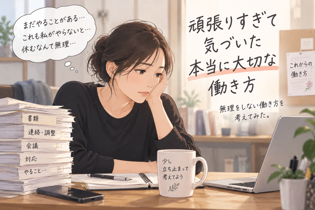 仕事で無理をする働き方に疲れ、これからの働き方を考える女性のイラスト
