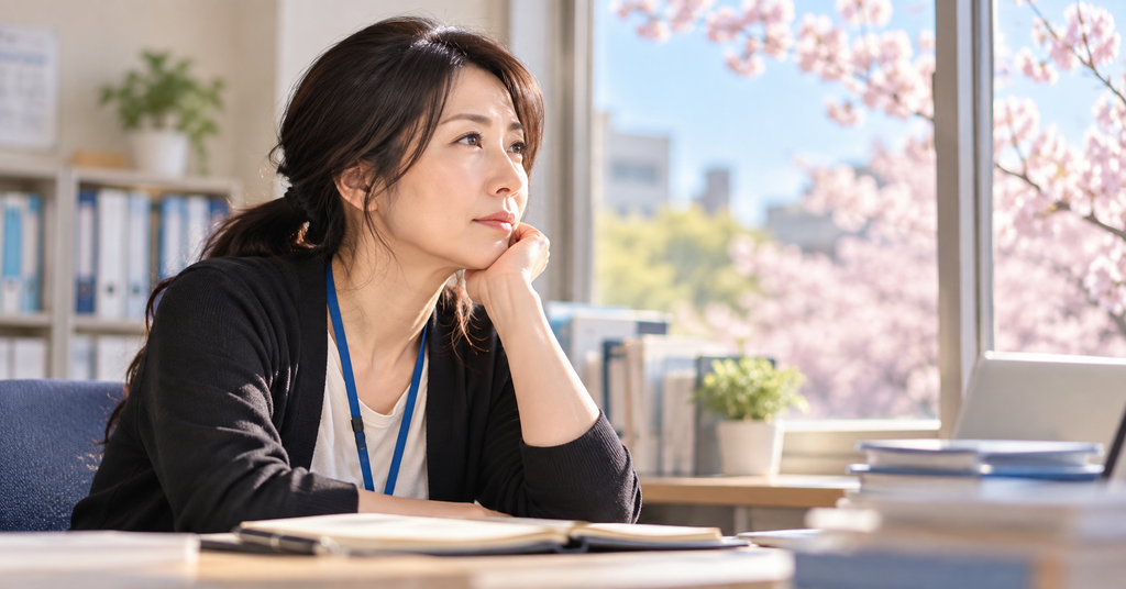 3月の異動に不安を感じながら職場で考える女性