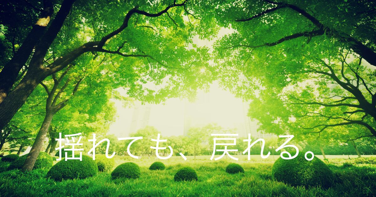 春の森の中、光が差し込む木々の風景。異動で揺れた心が軸に戻るイメージ