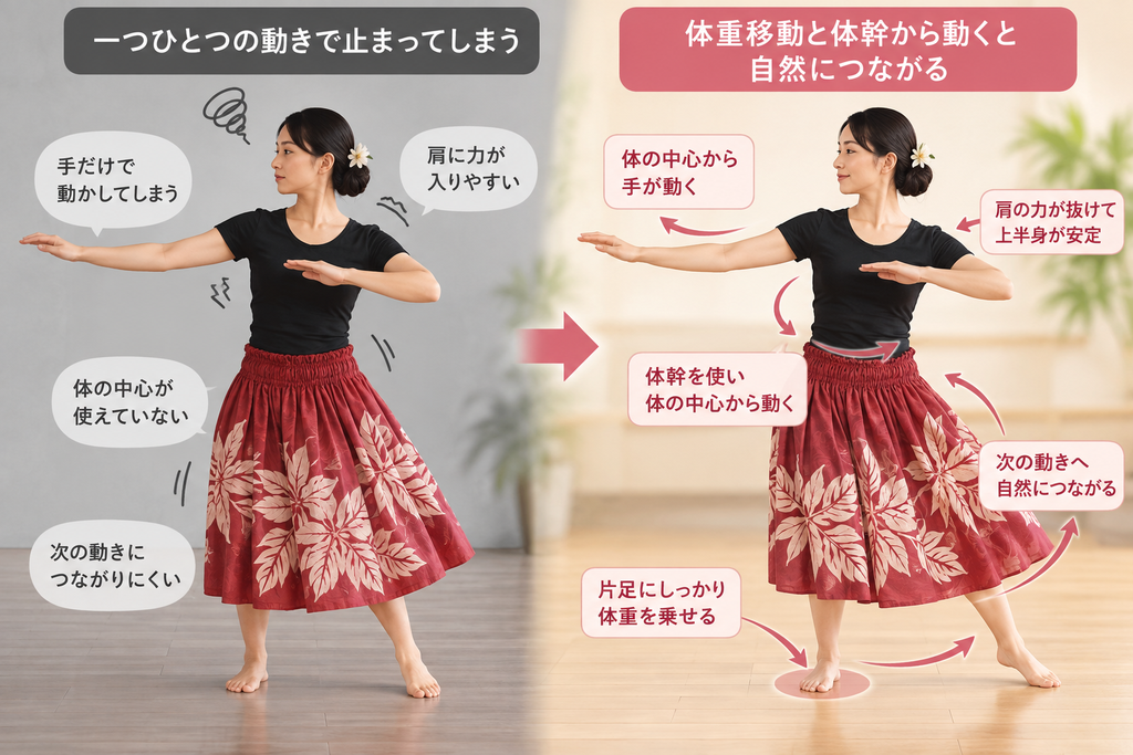 フラの流れを意識した体重移動と体幹から動く感覚の違い