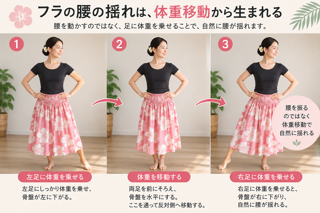 フラの腰の揺れと体重移動を練習する女性