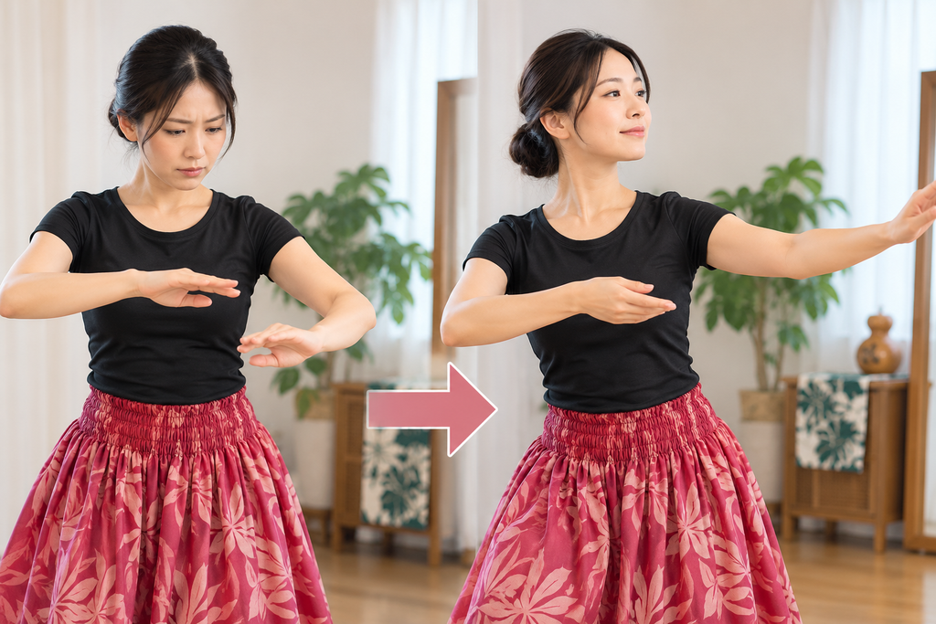 フラの表現を意識し、手の動きだけの踊りから体全体で伝える踊りへ変化する女性