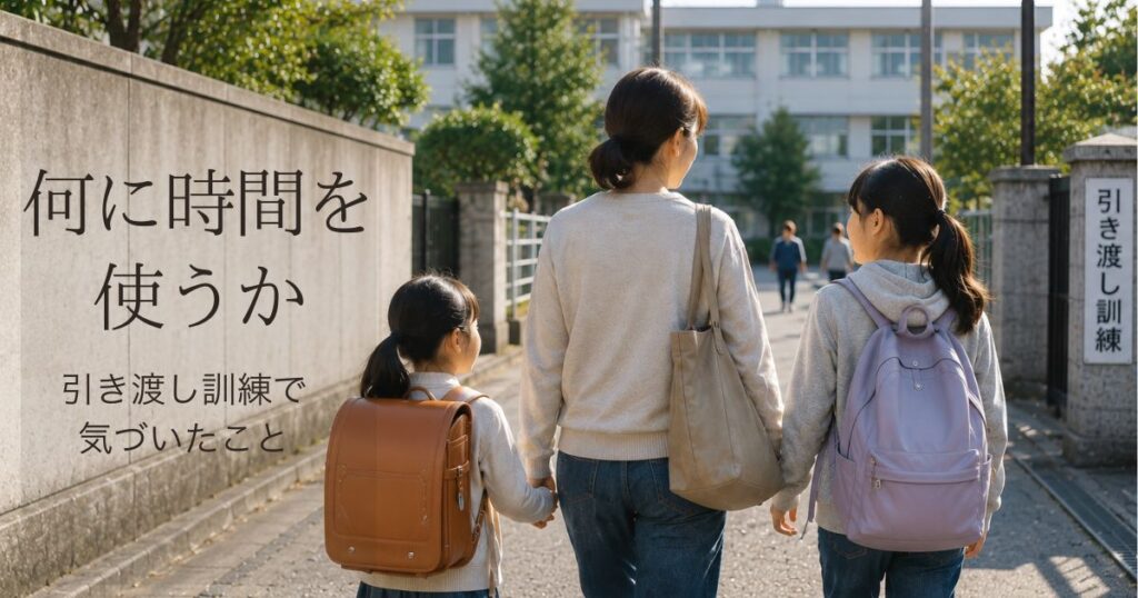 引き渡し訓練の日、午後の学校へ向かう母親と娘たちの後ろ姿