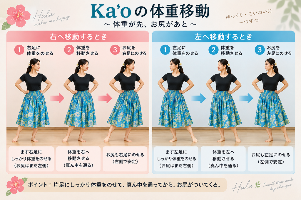 フラの体重移動をKa'oで練習する女性