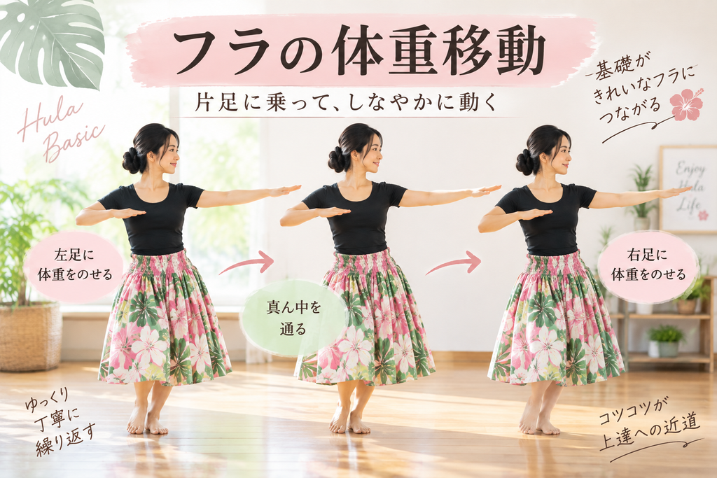 フラの曲の振り付けを繰り返し練習する女性