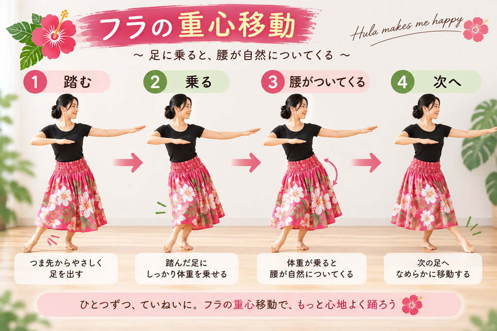 フラの重心移動で足に乗る流れを説明した画像
