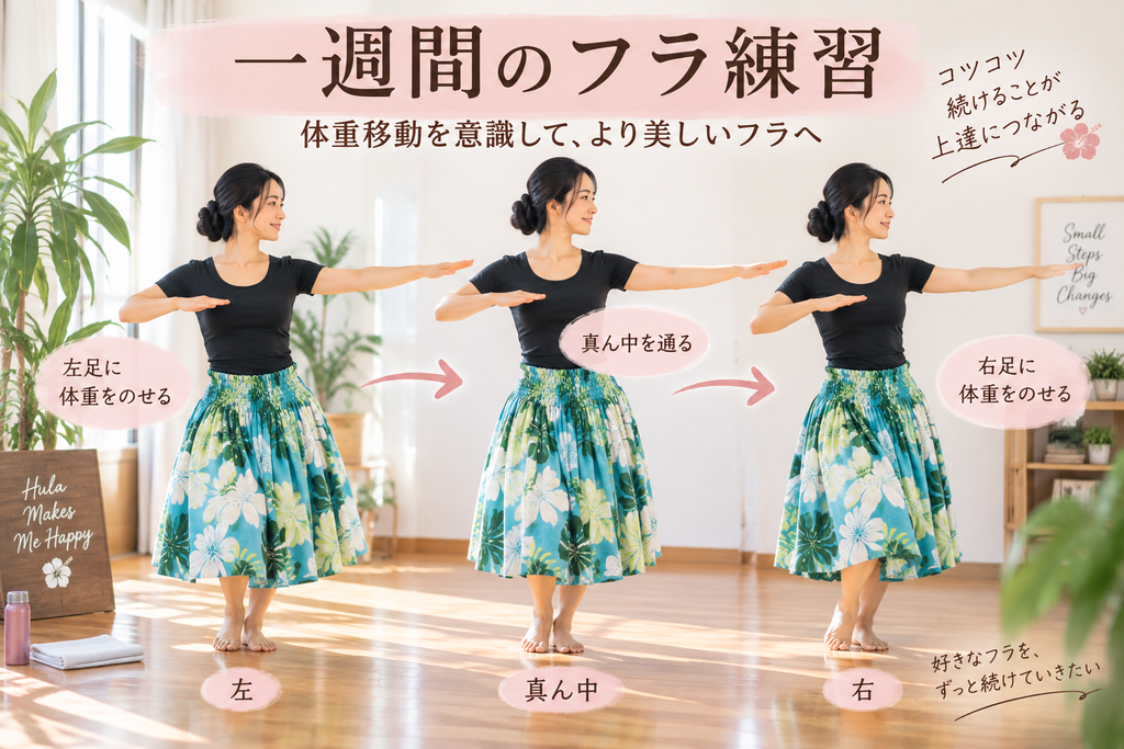 一週間のフラ練習で体重移動と振り付けを練習する女性