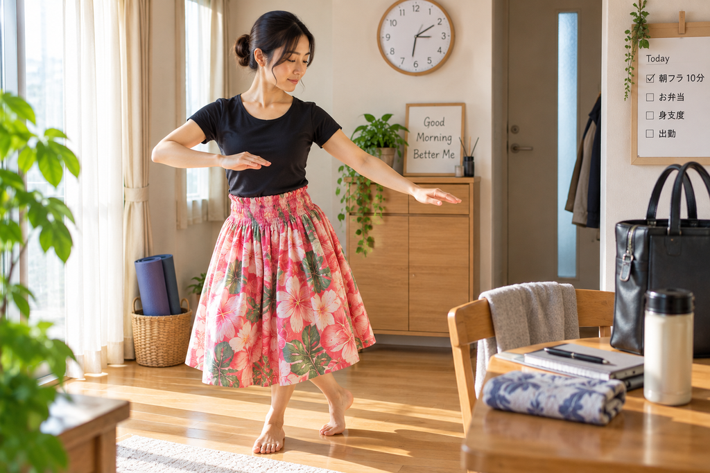 忙しい朝に自分の時間を作りフラを練習する女性