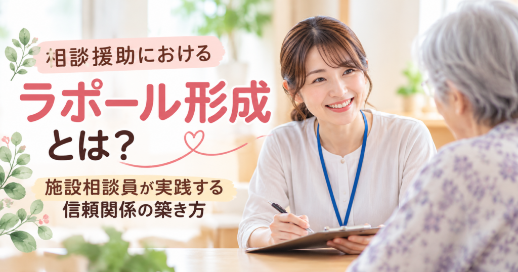 ラポール形成について、施設相談員が高齢の利用者と向き合い、話を聞いている画像