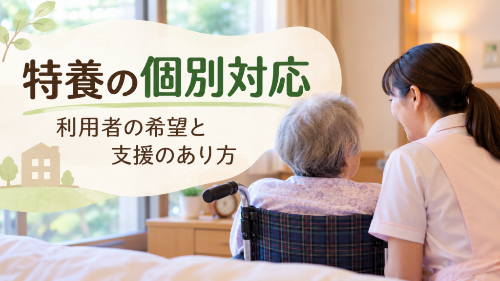 特養の個別対応について、車椅子の利用者に職員が寄り添いながら話をしている画像
