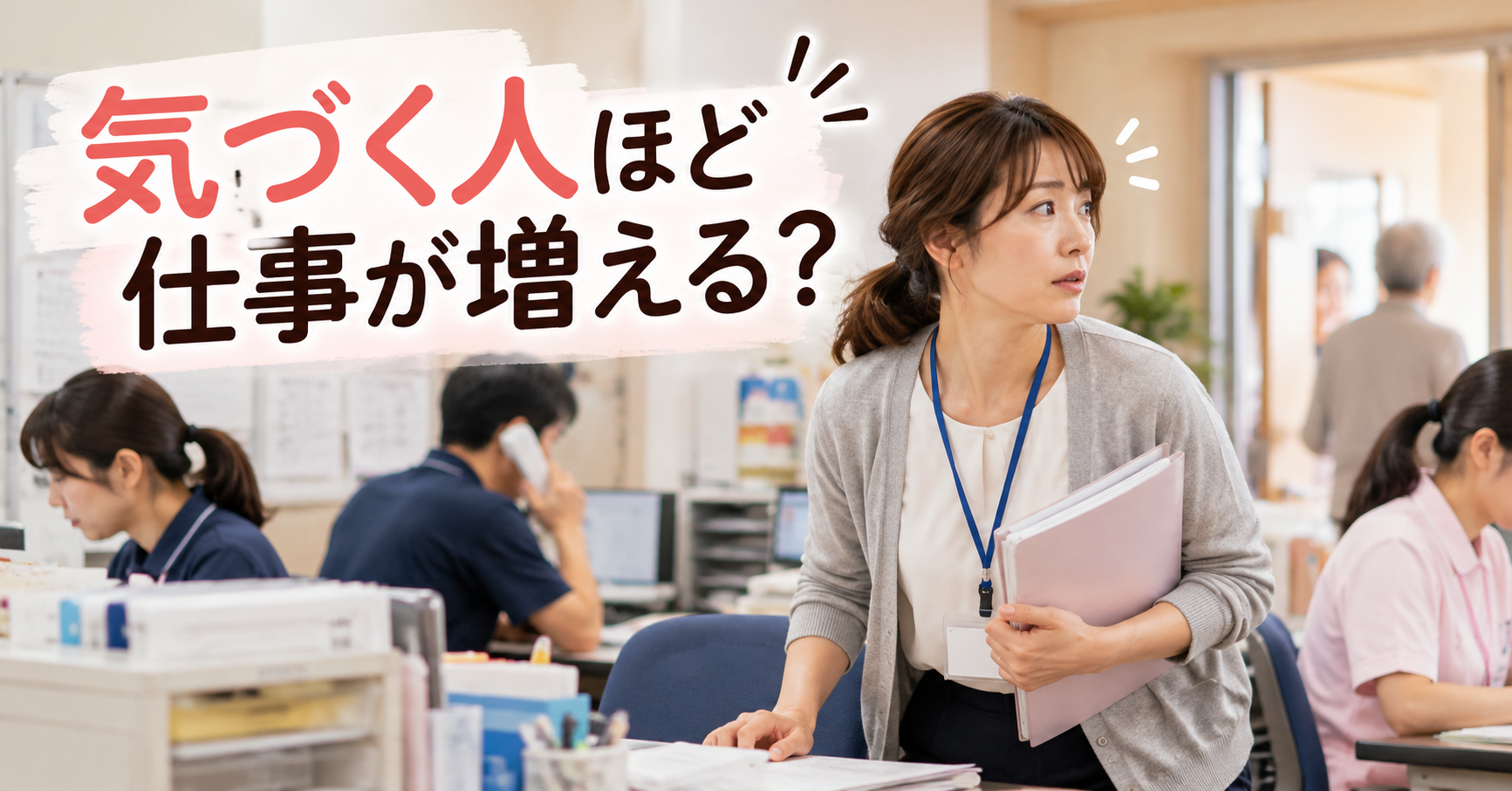 気づく人ほど仕事が増える職場で来客に気づいて対応する女性