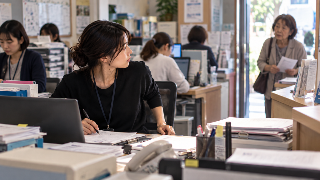 真面目に働く人が来訪者に気づいて対応しようとする一方、仕事を続ける周囲の職員